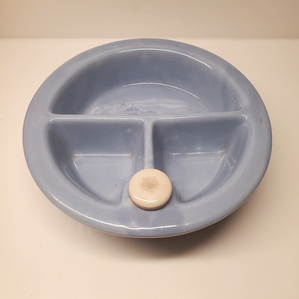 Antique circa early 1900s Hankscraft blue ceramic baby feeding dish with cork.